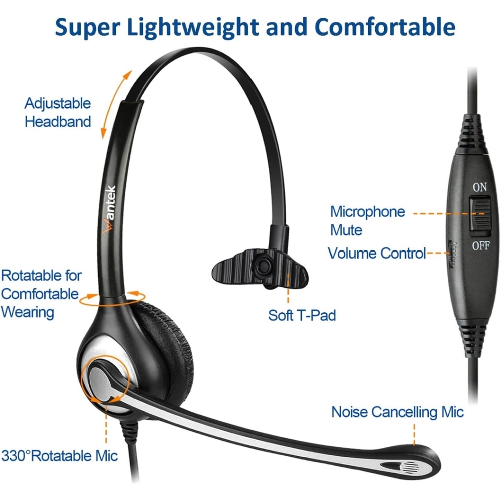 Wantek Corded Mono RJ9 Office Phone Headset Works for Cisco Phones